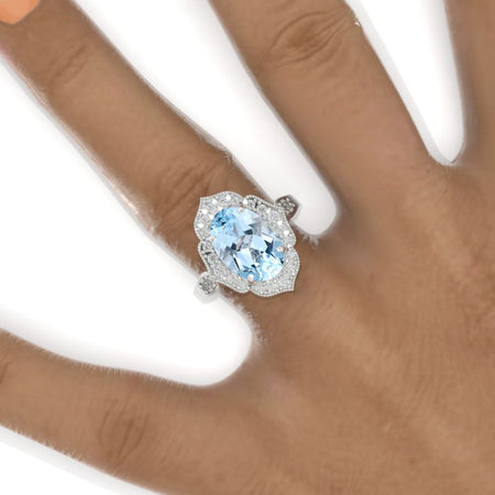4 Carat Oval Genuine Aquamarine Halo Engagement Ring, Promise Ring For Her, Aquamarine Wedding Ring, 14K Gold Oval Aquamarine Engagement Ring