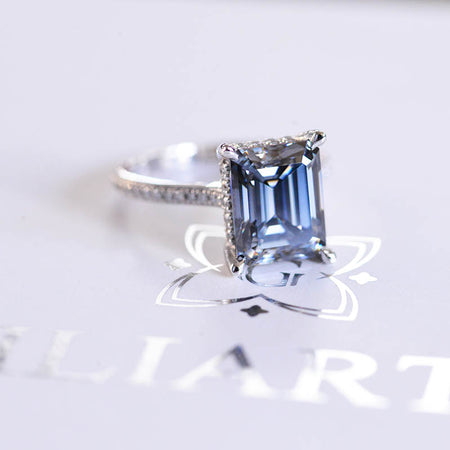 4 Carat Grey Gray Emerald Cut  Moissanite Stone Gold Ring