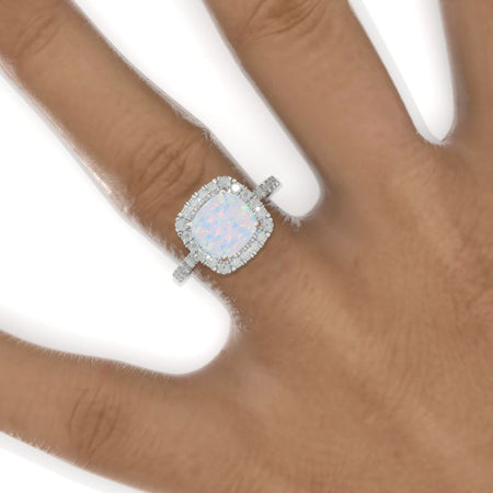 2.5 Carat Cushion Genuine Natural White Opal Halo Engagement Ring. Victorian 14K White Gold Ring