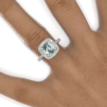 2.5 Carat Cushion Genuine Moss Agate Halo Engagement Ring. Victorian 14K White Gold Ring