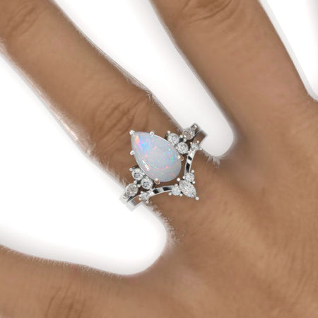 3 Carat Pear Genuine Natural White Opal Halo 14K White Gold Engagement Eternity Ring Set