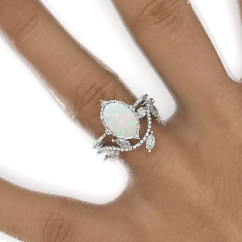 14k White Gold Opal Rings Oval Opal Engagement Ring Solid 10k/14k