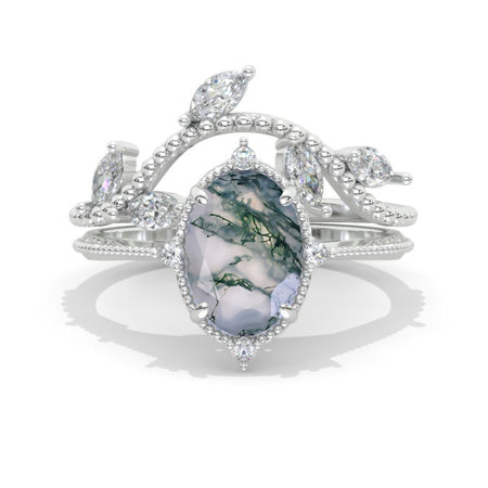 3 Carat Oval Genuine Moss Agate 14K White Gold Engagement Ring, Eternity Ring Set