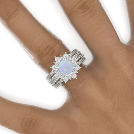2 Carat Round Brilliant Cut Genuine Natural White Opal Halo 14K White Gold Engagement Ring, Eternity Rings Set
