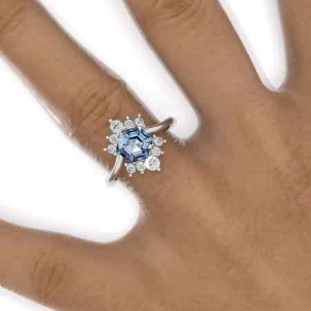 3 Carat Hexagon Genuine Aquamarine Halo 14K White Gold Engagement Ring