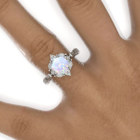 3 Carat Hexagon Genuine Natural White Opal Halo 14K White Gold Engagement Ring