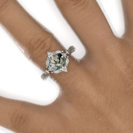 3 Carat Hexagon Genuine Moss Agate Halo 14K White Gold Engagement Ring