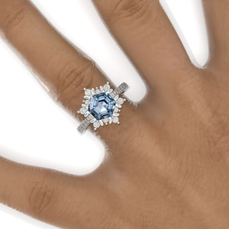 3 Carat Hexagon Genuine Aquamarine Snowflake Halo 14K White Gold Engagement Ring
