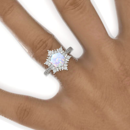 3 Carat Hexagon Genuine Natural White Opal Snowflake Halo 14K White Gold Engagement Ring