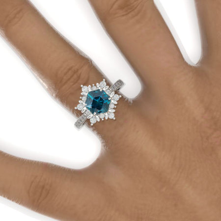 3 Carat Hexagon Teal Sapphire Snowflake Halo 14K White Gold Engagement Ring