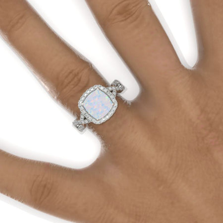 3 Carat Cushion Cut Vintage Style Halo Genuine Natural White Opal White Gold Engagement Ring