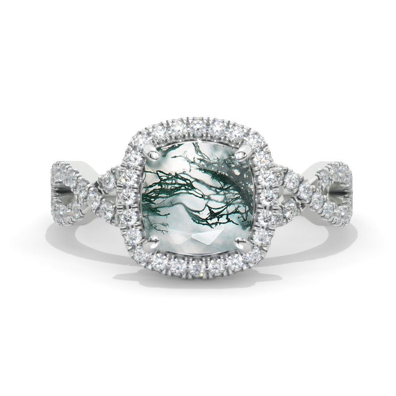 Carat Cushion Cut Vintage Style Halo Genuine Moss Agate White