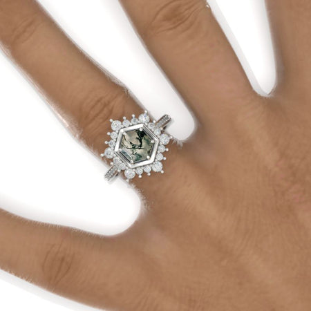 3 Carat Hexagon Genuine Moss Agate Snowflake Halo 14K White Gold Engagement Ring