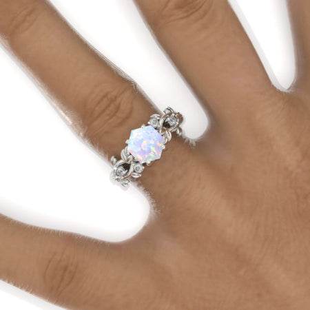 3 Carat Hexagon Genuine Natural White Opal Floral 14K White Gold Engagement Ring
