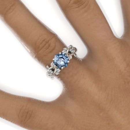 3 Carat Hexagon Genuine Aquamarine Floral 14K White Gold Engagement Ring