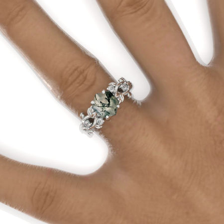 3 Carat Hexagon Genuine Moss Agate Floral 14K White Gold Engagement Ring