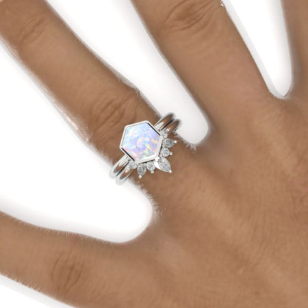3 Carat Hexagon Bezel Set Genuine Natural White Opal Cluster Halo 14K White Gold Engagement Ring Set