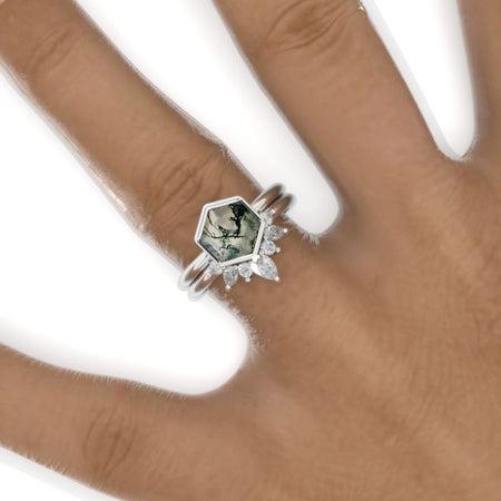 3 Carat Hexagon Bezel Set Genuine Moss Agate Cluster Halo 14K White Gold Engagement Ring Set