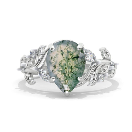 3 Carat Pear Genuine Moss Agate Halo Floral Engagement Ring 14K White Gold Ring