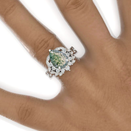 3 Carat Pear Genuine Moss Agate Halo Floral Twig Engagement Ring 14K White Gold Ring