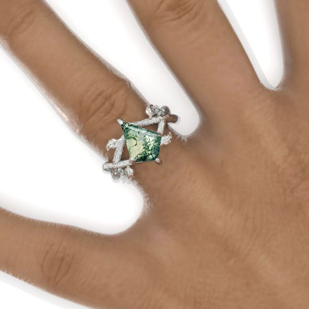 2.5 Carat Kite Genuine Moss Agate Twig Floral 14K White Gold Engagement Ring