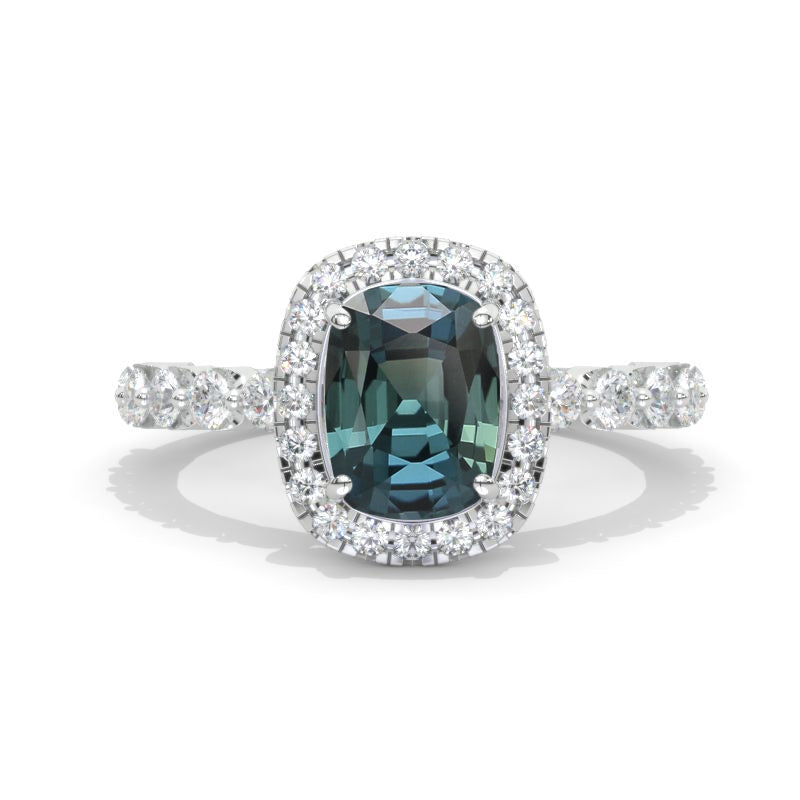2 Carat 9x7mm Cushion Cut Vintage Style Halo Teal Sapphire White Gold Engagement Ring
