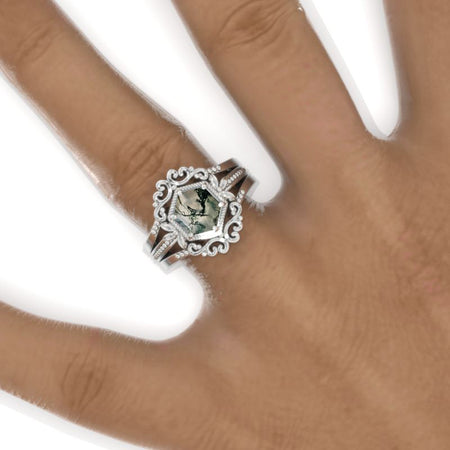 3 Carat Hexagon Bezel Set Genuine Moss Agate Cluster Halo 14K White Gold Engagement Ring Set