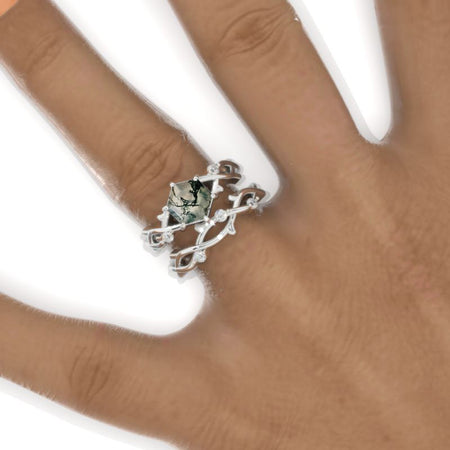 3 Carat Hexagon Genuine Moss Agate Cluster Halo 14K White Gold Floral Engagement Ring Set