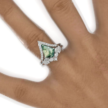 2.5 Carat Kite Genuine Moss Agate Halo Engagement Ring Set. 2.5CT Fancy Kite Shape Moss Agate Ring Set