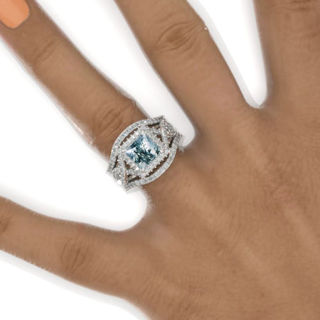 2 Carat Princess Genuine Moss Agate Halo 14K White Gold Engagement Ring Eternity Ring Set
