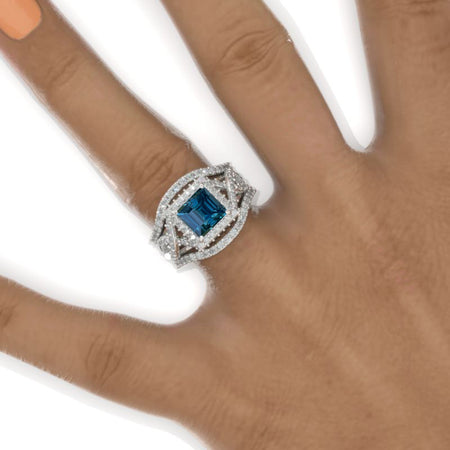 2 Carat Princess Teal Sapphire Halo 14K White Gold Engagement Ring Eternity Ring Set