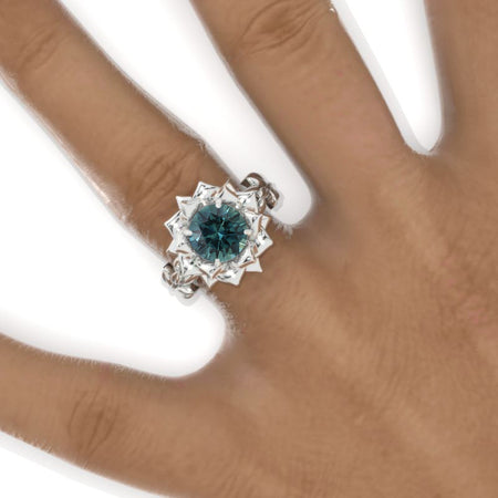 2 Carat Teal Sapphire Twig Floral White Gold Engagement Ring