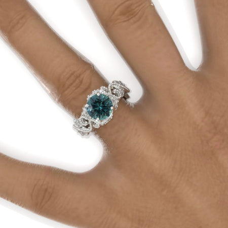2 Carat Teal Sapphire Ornamental Floral White Gold Engagement Ring