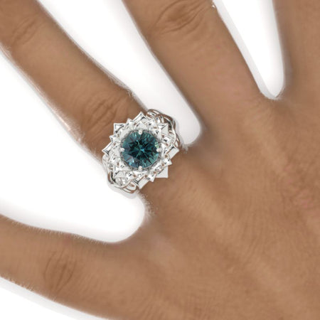 2 Carat Teal Sapphire Floral Halo Twig White Gold Engagement Ring