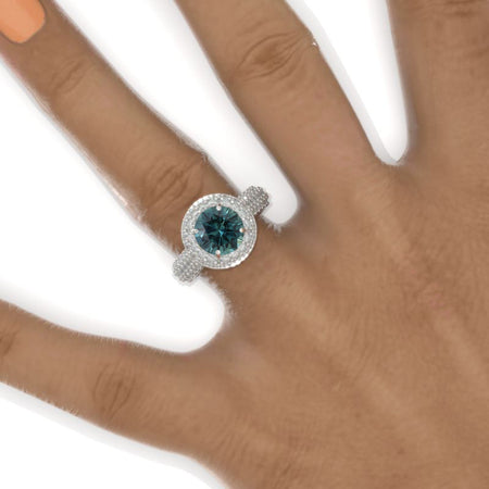 2 Carat Carat Round Cut Teal Sapphire Double Halo White Gold Engagement Ring
