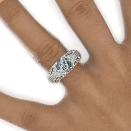 2 Carat Round Genuine Moss Agate Victorian Style Lace Shank Engagement Ring. Victorian 14K White Gold Ring