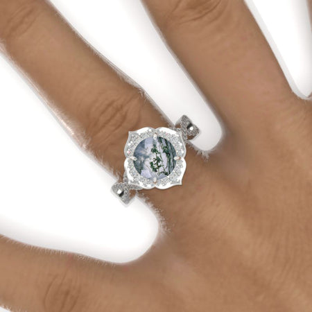 2 Carat Round Genuine Moss Agate Floral Halo Twisted Shank Engagement Ring