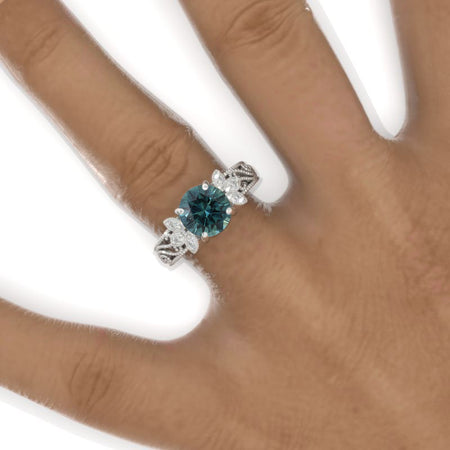 2 Carat Round Teal Sapphire Floral Lace  Shank Engagement Ring
