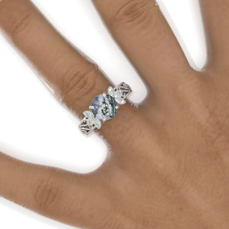 2 Carat Round Genuine Moss Agate Floral Lace Shank Engagement Ring