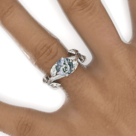 2 Carat Round Genuine Moss Agate Floral Twig Shank Engagement Ring