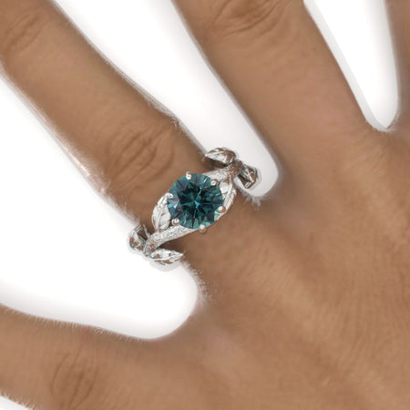 2 Carat Round Teal Sapphire Floral Twig Shank Engagement Ring