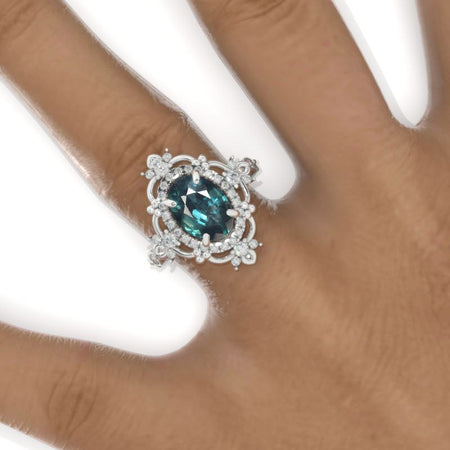 3 Carat Oval Teal Sapphire Halo Engagement Ring 14K White Gold Ring