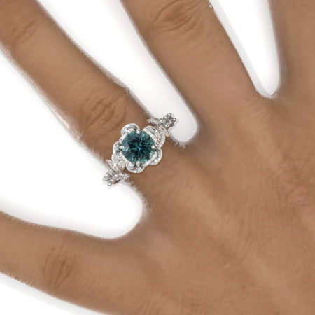 1.5 Carat Round Teal Sapphire Floral Halo Engagement Ring
