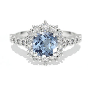 14K White Gold 1.2 Carat Cushion Genuine Aquamarine Halo Engagement Ring