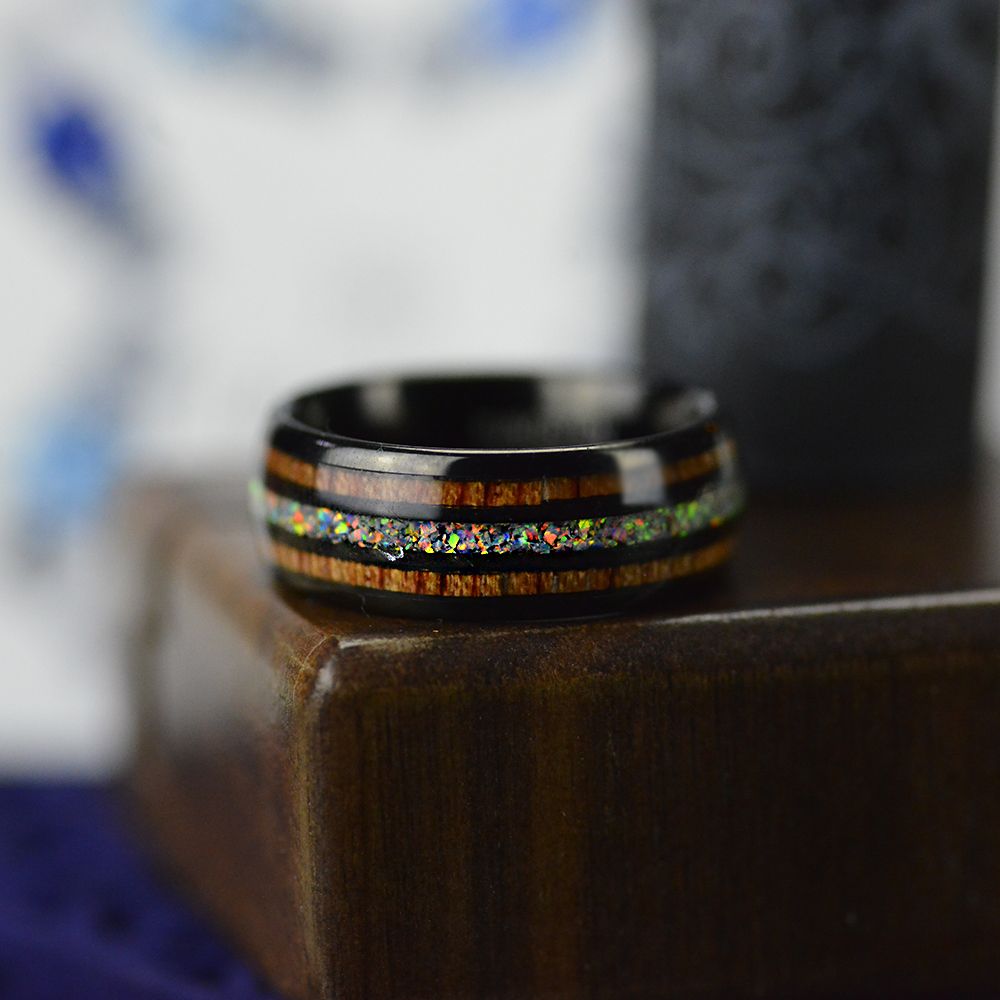 Natural Fire Opal Tungsten Carbide  Wedding Ring with Hawaii Koa Wood