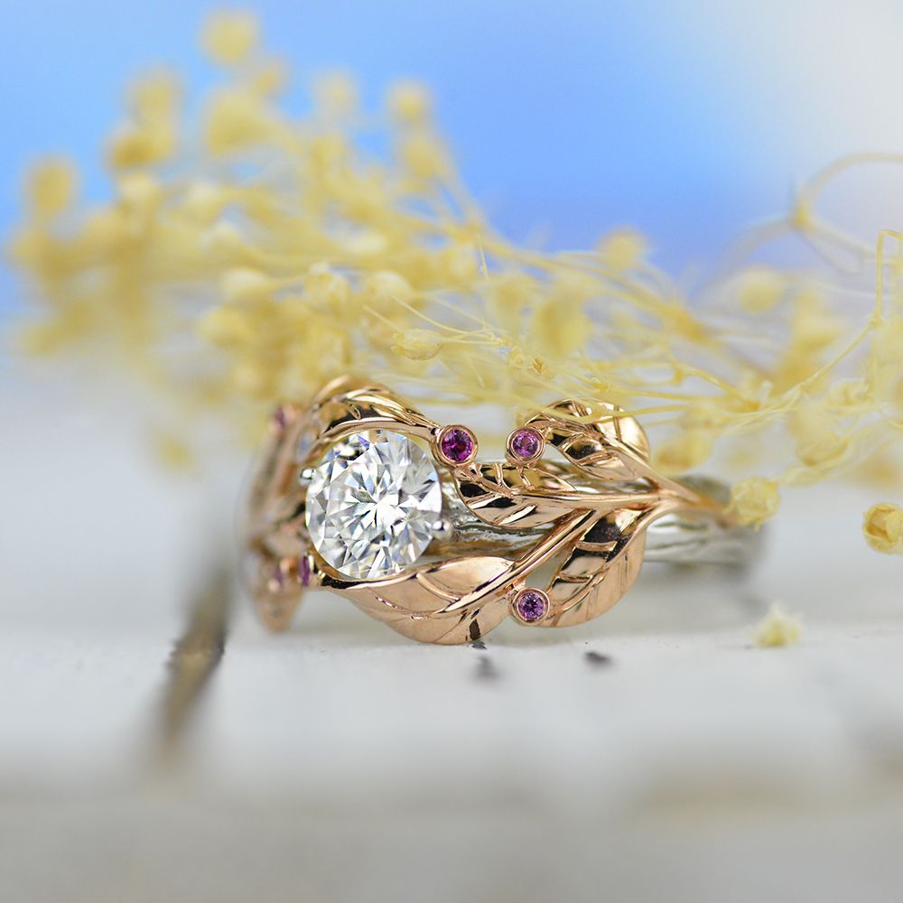 Moissanite Engagement Ring 14K  Rose and White Gold-6 Genuine Ruby Accents