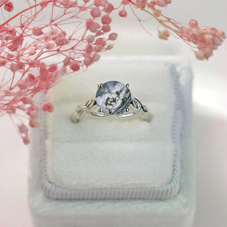 2 Carat Genuine Moss Agate Stone 14K White Wedding Gold Ring