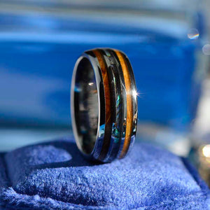 Abalone & Whiskey Barrel Wood Ring Mens Wedding Band Tungsten Ring