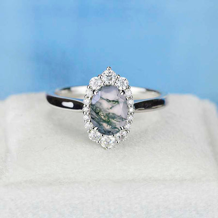 14K White Gold 2 Carat Oval Genuine Moss Agate Halo Engagement Ring