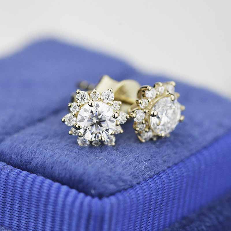 Snowflake Moissanite Halo Stud Earrings 14K Gold
